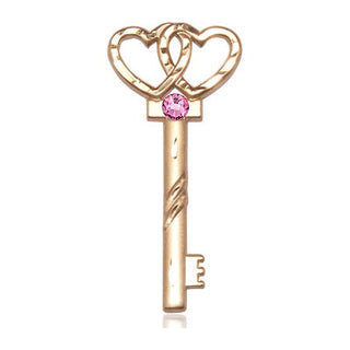 14kt Gold Filled Key w/Double Hearts Pendant with a 3mm Rose Swarovski stone on an 18-inch Gold Filled Light Curb Chain