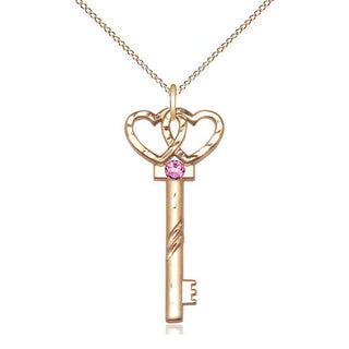 14kt Gold Filled Key w/Double Hearts Pendant with 3mm Rose Swarovski Necklace