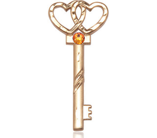 14kt Gold Filled Key w/Double Hearts Pendant with a 3mm Topaz Swarovski stone on an 18-inch Gold Filled Light Curb Chain
