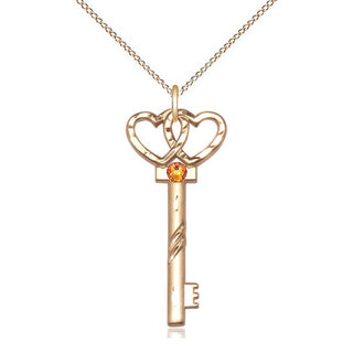 14kt Gold Filled Key w/Double Hearts Pendant with 3mm Topaz Swarovski Necklace
