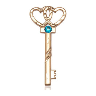 14kt Gold Filled Key w/Double Hearts Pendant with a 3mm Zircon Swarovski stone on an 18-inch Gold Filled Light Curb Chain