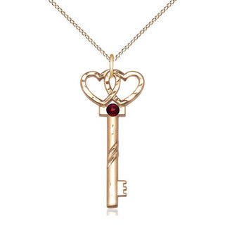 14kt Gold Filled Key w/Double Hearts Pendant with 3mm Garnet Swarovski Necklace