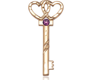 14kt Gold Filled Key w/Double Hearts Pendant with a 3mm Amethyst Swarovski stone on an 18-inch Gold Filled Light Curb Chain