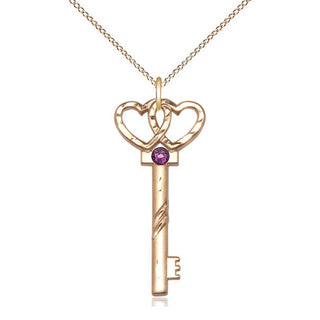 14kt Gold Filled Key w/Double Hearts Pendant with 3mm Amethyst Swarovski Necklace