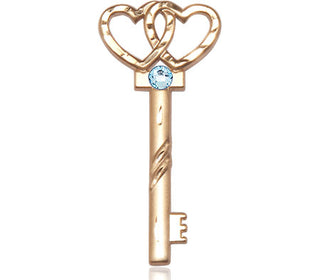 14kt Gold Filled Key w/Double Hearts Pendant with a 3mm Aqua Swarovski stone on an 18-inch Gold Filled Light Curb Chain