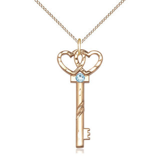 14kt Gold Filled Key w/Double Hearts Pendant with 3mm Aqua Swarovski Necklace