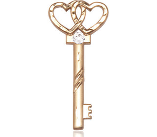 14kt Gold Filled Key w/Double Hearts Pendant with a 3mm Crystal Swarovski stone on an 18-inch Gold Filled Light Curb Chain