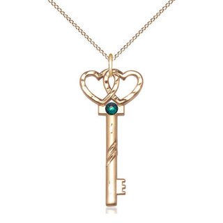 14kt Gold Filled Key w/Double Hearts Pendant with 3mm Emerald Swarovski Necklace