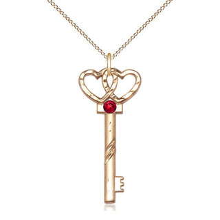 14kt Gold Filled Key w/Double Hearts Pendant with 3mm Ruby Swarovski Necklace