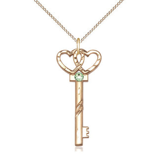 14kt Gold Filled Key w/Double Hearts Pendant with 3mm Peridot Swarovski Necklace