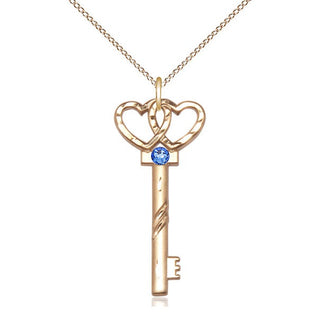 14kt Gold Filled Key w/Double Hearts Pendant with 3mm Sapphire Swarovski Necklace