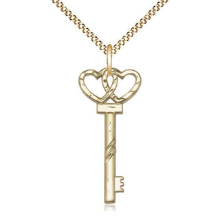 14kt Gold Filled Small Key w/Double Heart Medal Religious Jewelry