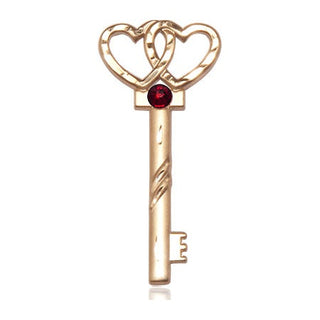 14kt Gold Key w/Double Hearts Medal with a 3mm Garnet Swarovski stone