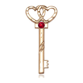 14kt Gold Key w/Double Hearts Medal with a 3mm Ruby Swarovski stone