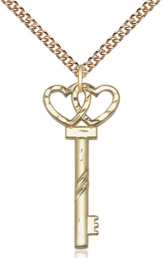 14kt Gold Small Key w/Double Heart Medal