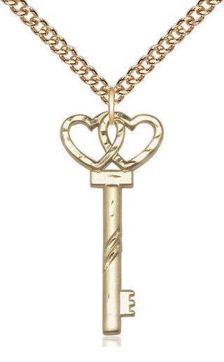 14kt Gold Small Key w/Double Heart Medal