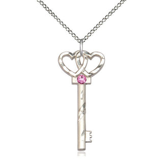 Sterling Silver Key w/Double Hearts Pendant with 3mm Rose Swarovski stone Necklace