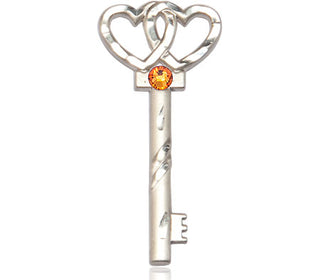 Sterling Silver Key w/Double Hearts Pendant with a 3mm Topaz Swarovski stone on an 18-inch Sterling Silver Light Curb Chain