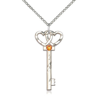 Sterling Silver Key w/Double Hearts Pendant with 3mm Topaz Swarovski stone Necklace