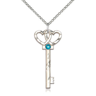 Sterling Silver Key w/Double Hearts Pendant with 3mm Zircon Swarovski stone Necklace