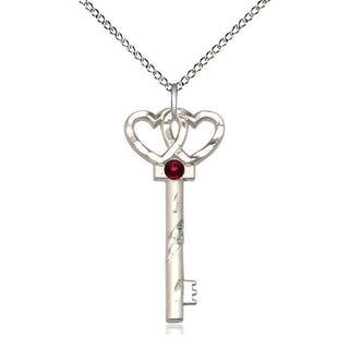 Sterling Silver Key w/Double Hearts Pendant with 3mm Garnet Swarovski stone Necklace
