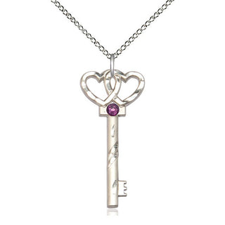 Sterling Silver Key w/Double Hearts Pendant with 3mm Amethyst Swarovski stone Necklace