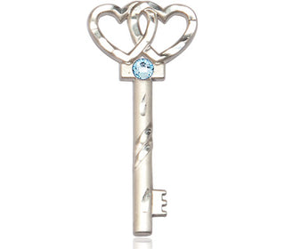 Sterling Silver Key w/Double Hearts Pendant with a 3mm Aqua Swarovski stone on an 18-inch Sterling Silver Light Curb Chain