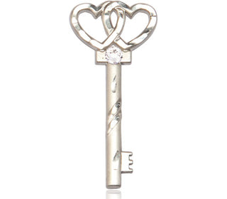 Sterling Silver Key w/Double Hearts Pendant with a 3mm Crystal Swarovski stone on an 18-inch Sterling Silver Light Curb Chain