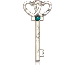 Sterling Silver Key w/Double Hearts Pendant with a 3mm Emerald Swarovski stone on an 18-inch Sterling Silver Light Curb Chain