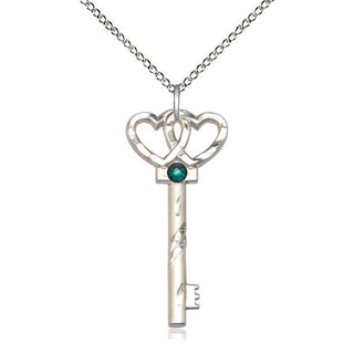 Sterling Silver Key w/Double Hearts Pendant with 3mm Emerald Swarovski stone Necklace