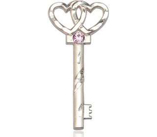 Sterling Silver Key w/Double Hearts Pendant with a 3mm Light Amethyst Swarovski stone on an 18-inch Sterling Silver Light Curb Chain