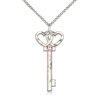 Sterling Silver Key w/Double Hearts Pendant with 3mm Light Amethyst Swarovski stone Necklace