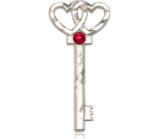 Sterling Silver Key w/Double Hearts Pendant with a 3mm Ruby Swarovski stone on an 18-inch Sterling Silver Light Curb Chain