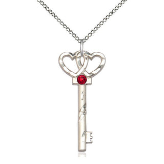 Sterling Silver Key w/Double Hearts Pendant with 3mm Ruby Swarovski stone Necklace