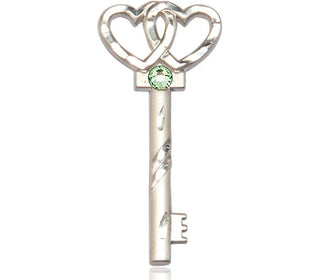Sterling Silver Key w/Double Hearts Pendant with a 3mm Peridot Swarovski stone on an 18-inch Sterling Silver Light Curb Chain