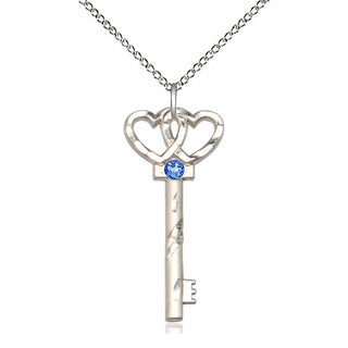 Sterling Silver Key w/Double Hearts Pendant with 3mm Sapphire Swarovski stone Necklace