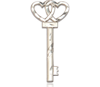Sterling Silver Small Key w/Double Heart Medal Religious Jewelry