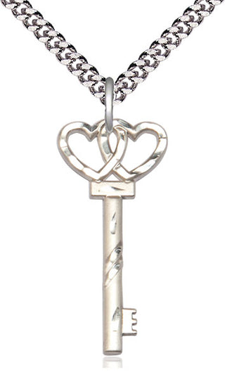 Sterling Silver Small Key w/Double Heart Medal Religious Jewelry