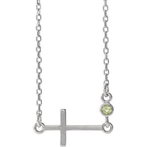 Sterling Silver Peridot Sideways Accented Cross 16-18" Necklace
