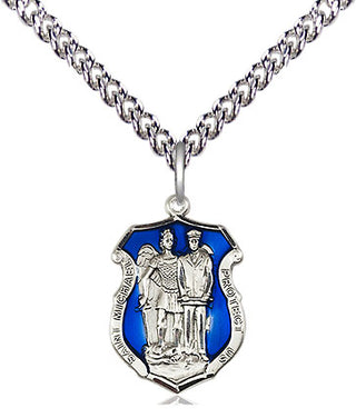 Sterling Silver Saint Michael the Archangel Police Shield Medal Religious and Catholic Jewelry Engraved Catholic Saint Jewelry