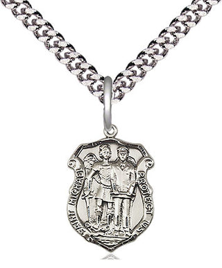 Pewter Saint Michael the Archangel Police Shield Medal Religious and Catholic Jewelry Engraved Catholic Saint Jewelry