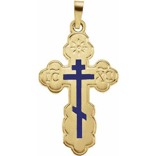 14K Yellow 26x17 mm Blue Enamel Orthodox Cross Pendant 