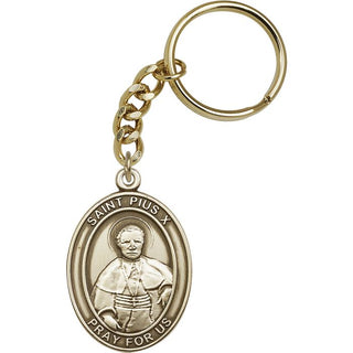 Saint Pius X Engravable Keychain - Gold Tone