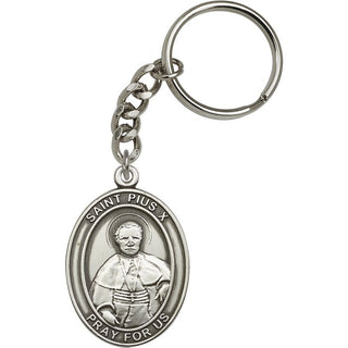 Saint Pius X Engravable Keychain - Silver Finish
