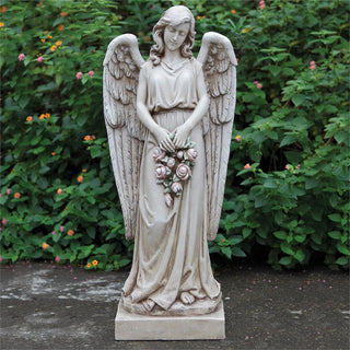 36-Inch Angel Holding Rose Wreath Garden Statue