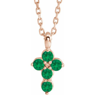 14K Rose Natural Emerald Cross 16-18" Necklace