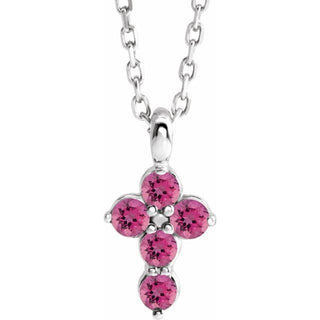 14K White Natural Pink Tourmaline Cross 16-18" Necklace