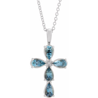 Platinum Natural Aquamarine Cross 16-18" Necklace