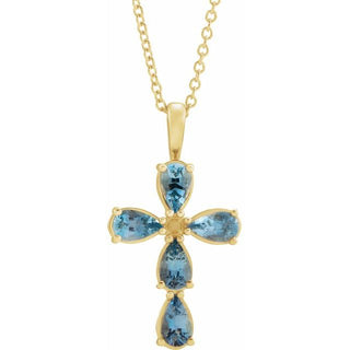 14K Yellow Natural Aquamarine Cross 16-18" Necklace
