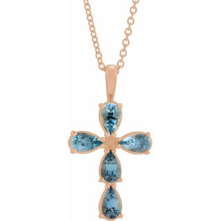 14K Rose Natural Aquamarine Cross 16-18" Necklace